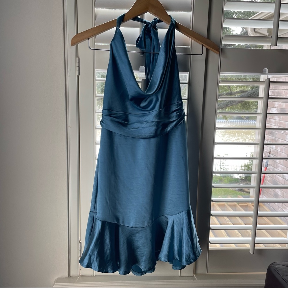 Blue Satin Dress Tie Neck Small